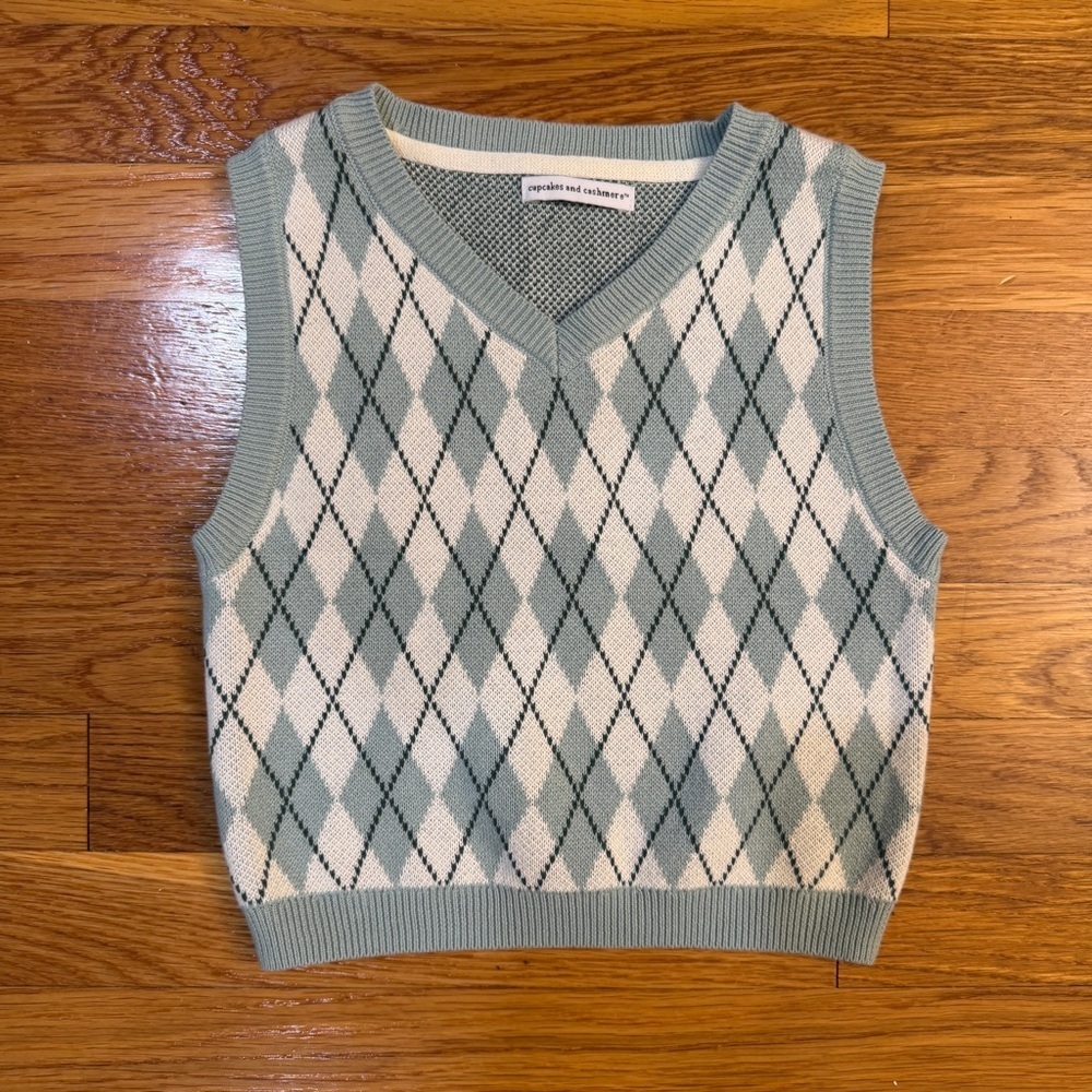Cupcakes & Cashmere V-neck Pullover Sweater Vest Argyle Aqua - Girls Size M(7/8)